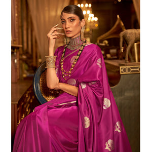 Magenta Pink Floral Woven Satin Saree With Tassels