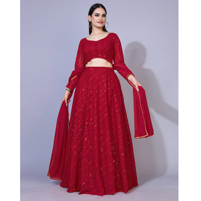 Dark Red Lucknowi Chikankari Work Georgette Lehenga Choli