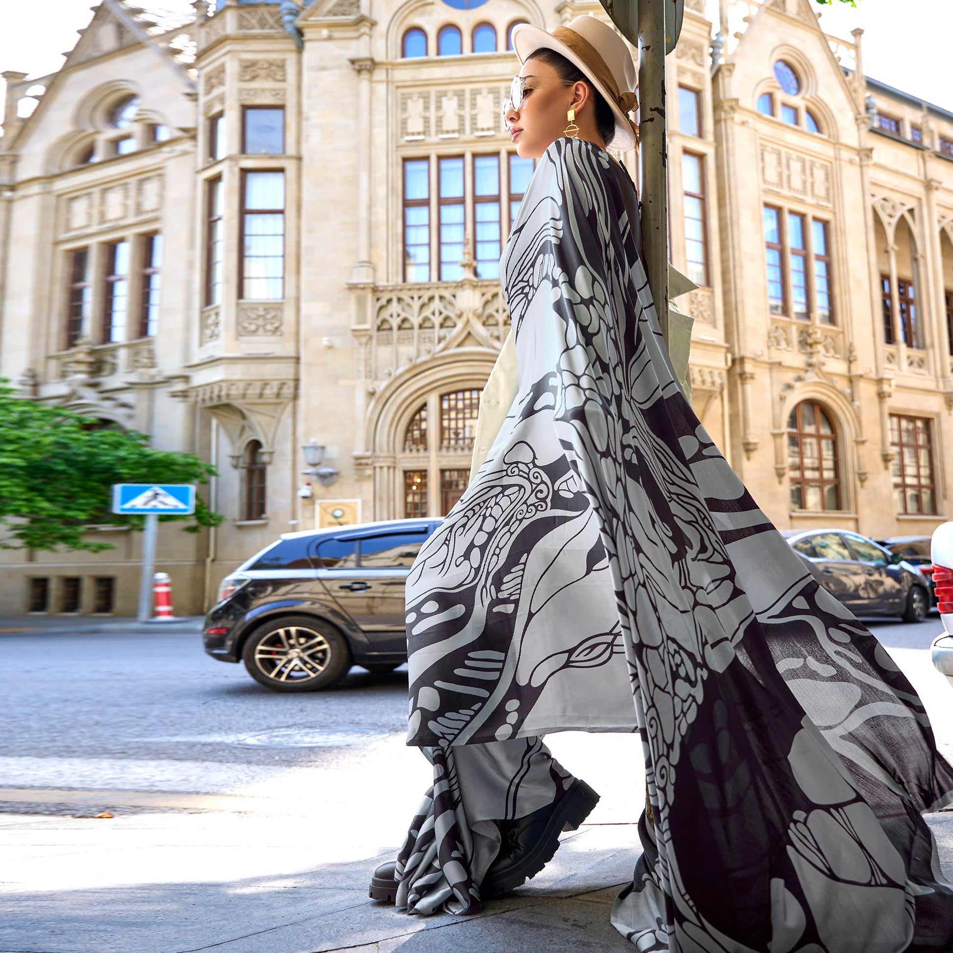 Grey Printed Crepe Saree