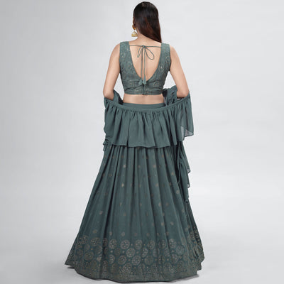 Dark Grey Embellished With Embroidered Georgette Lehenga Choli