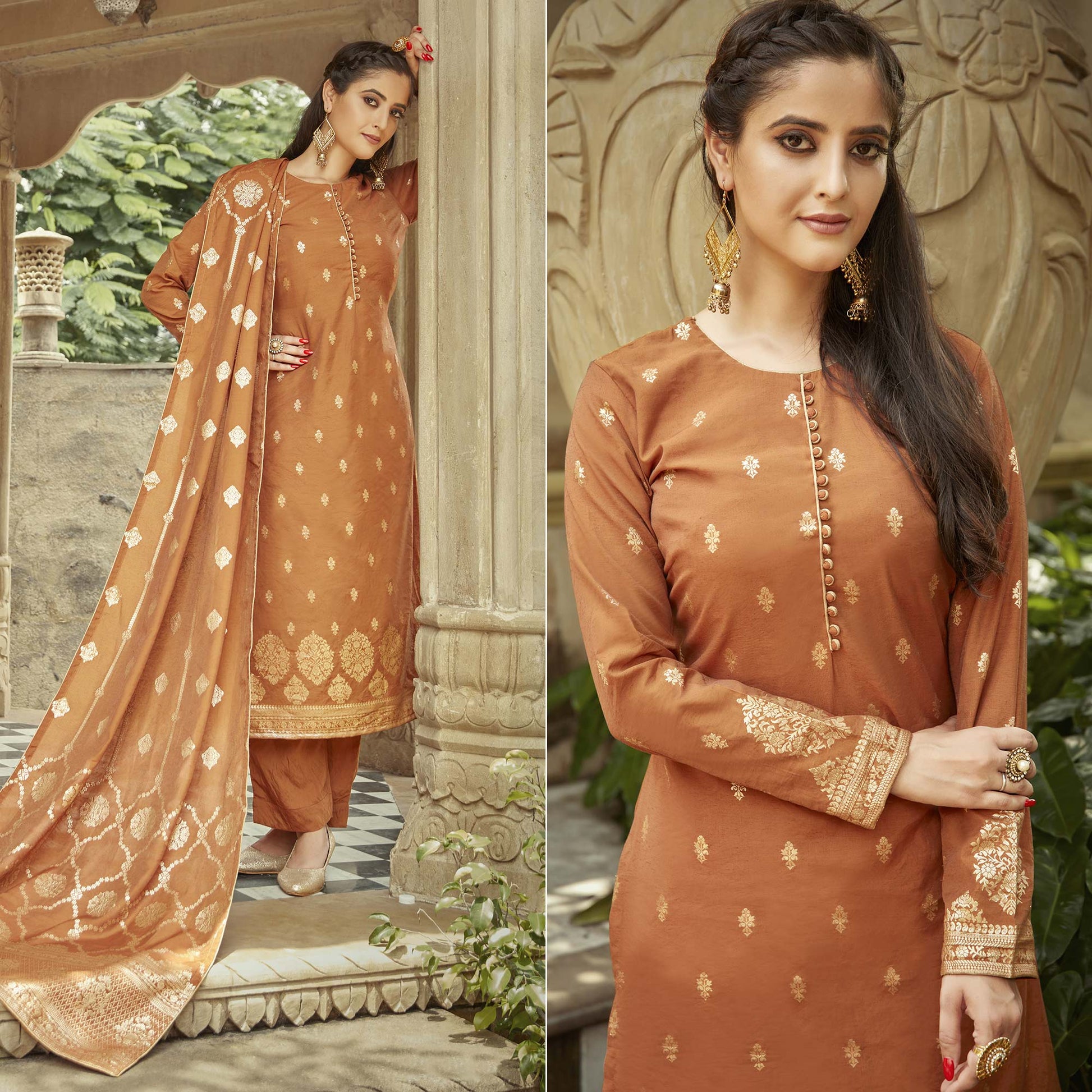 Brown Woven Viscose Kurti With Dupatta