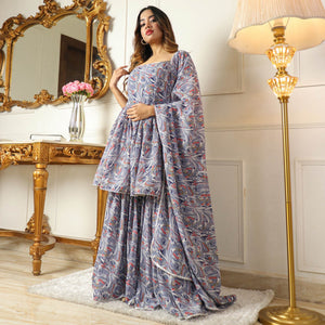Grey Printed With Gota Work Georgette Sharara Suit