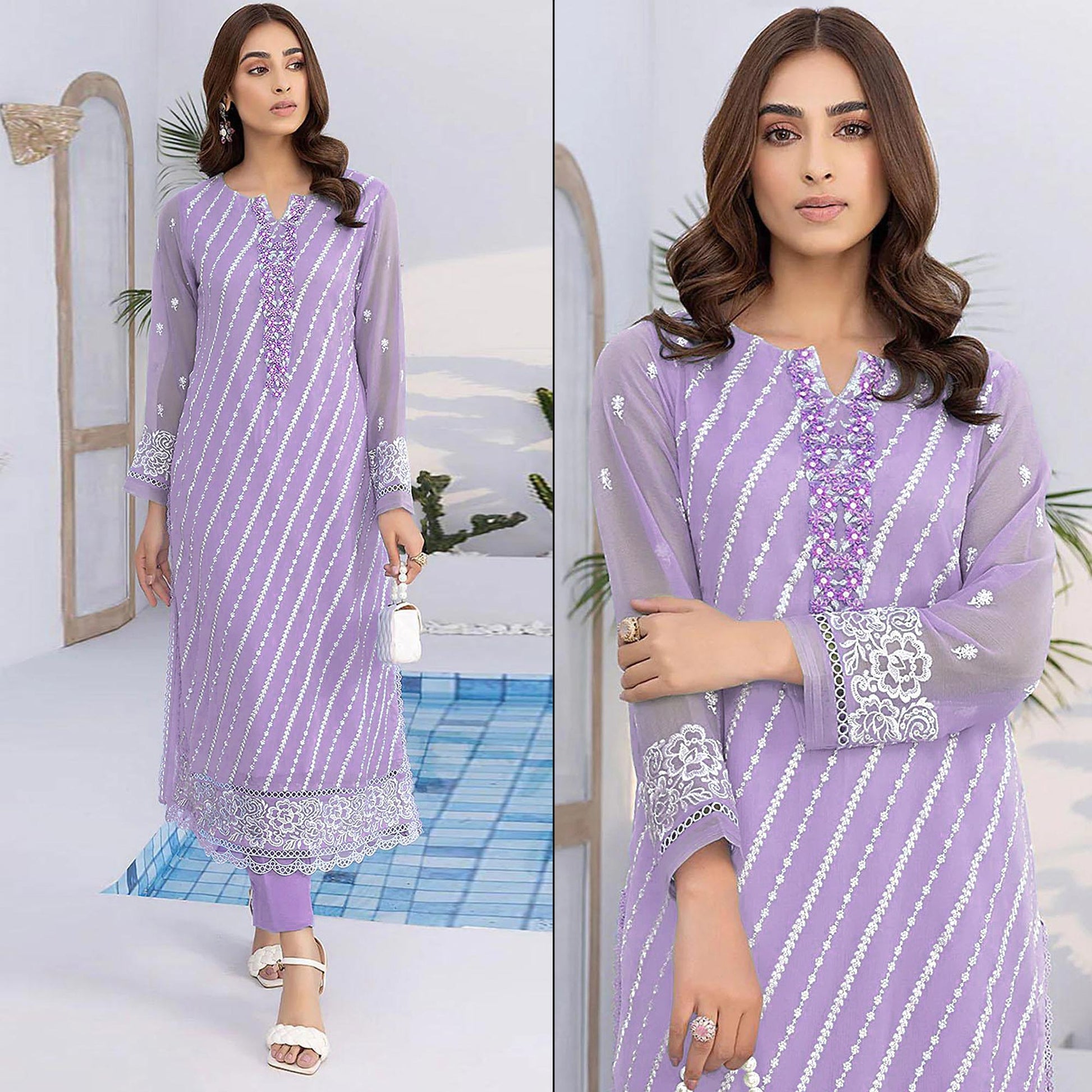 Light Purple Floral Embroidered Georgette Semi Stitched Suit