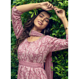 Dusty Pink Printed With Mirror Work Rayon Naira Cut Suit