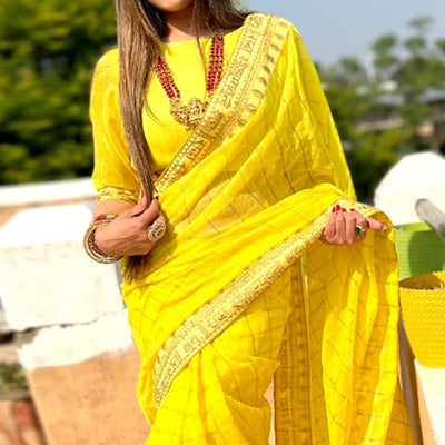 Lemon Yellow Checks With Embroidered Border Modal Saree