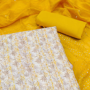 Cream & Yellow Digital Printed With Embroidered Chanderi Dress Material