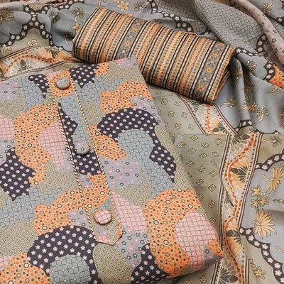 Grey Printed Cotton Blend Dress Material