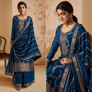 Blue Woven And Embroidered Dola Silk Palazzo Suit