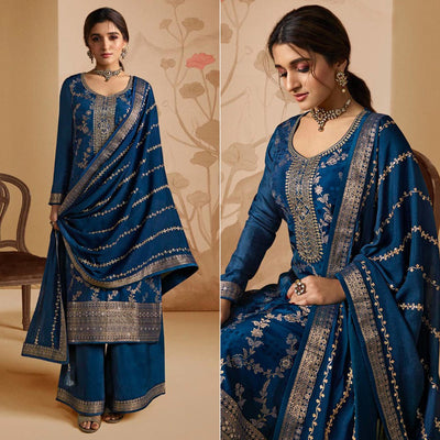 Blue Woven And Embroidered Dola Silk Palazzo Suit