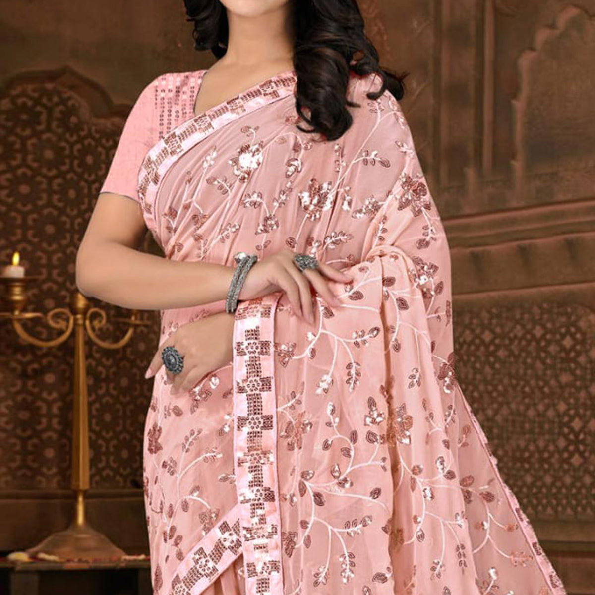 Light Peach Sequins Emroidered Georgette Saree