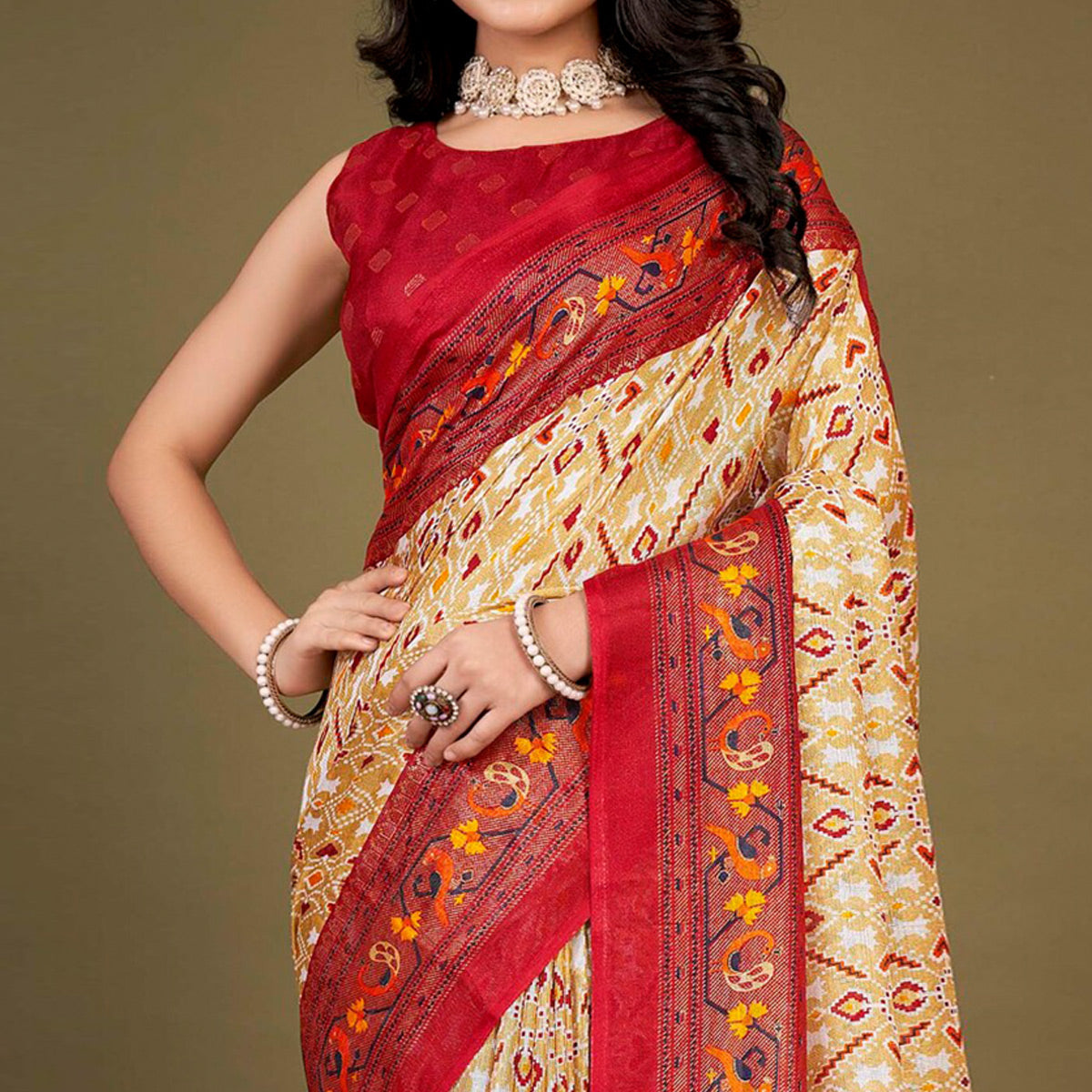 Cream Printed Jute Patola Saree With Tassels