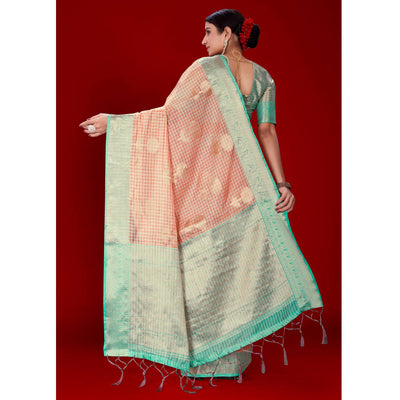 Dark Peach Floral Woven Organza Saree With Tassels