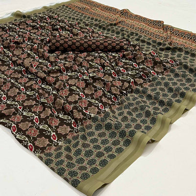 Brown Floral Digital Printed Georgette Saree