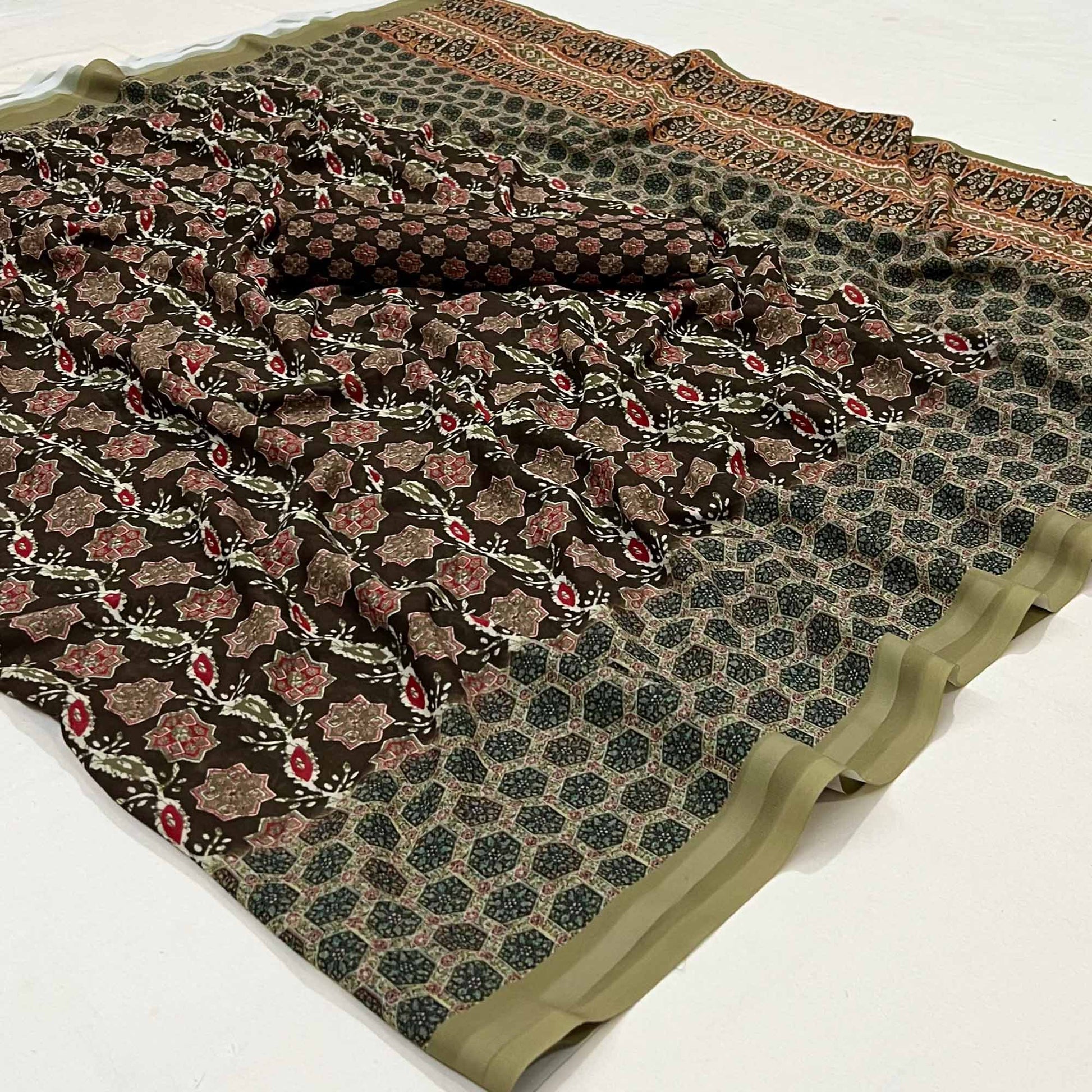 Brown Floral Digital Printed Georgette Saree