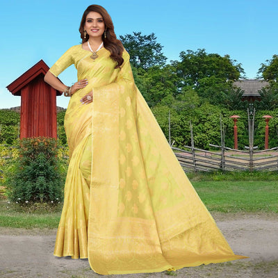 Lemon Yellow Woven Organza Saree