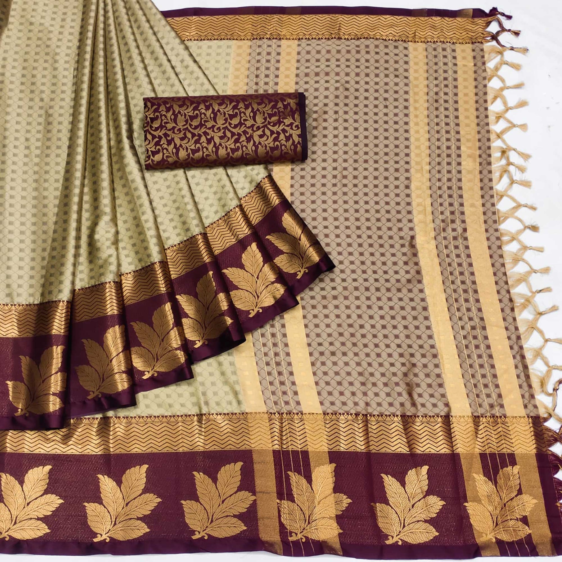 Chikoo Woven Cotton Silk Saree With Tassels