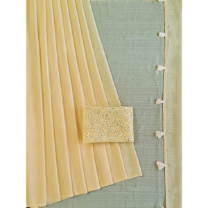 Light Yellow Solid Chiffon Saree With Tassels