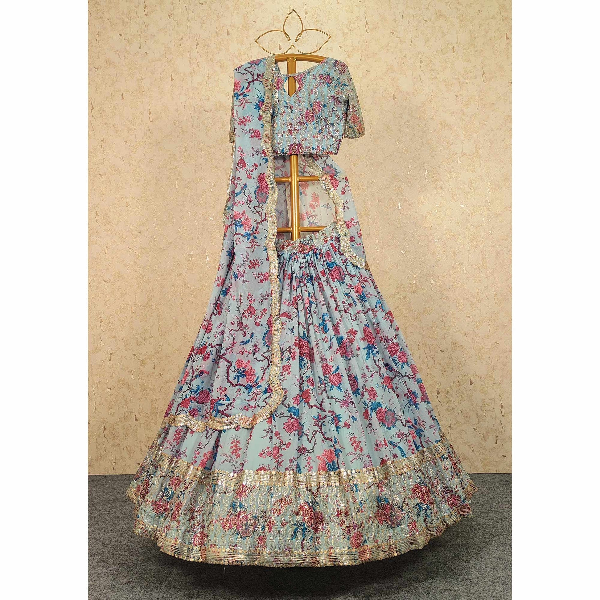 Light Blue Floral Printed And Sequins Work Georgette Lehenga Choli
