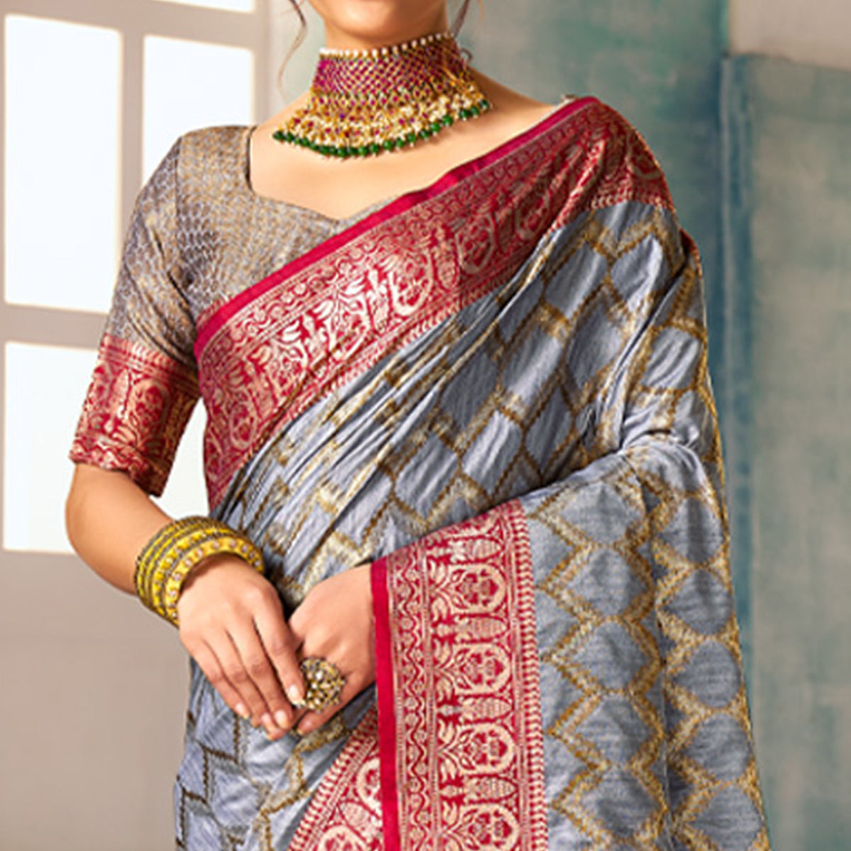 Grey Woven Banarasi Silk Saree