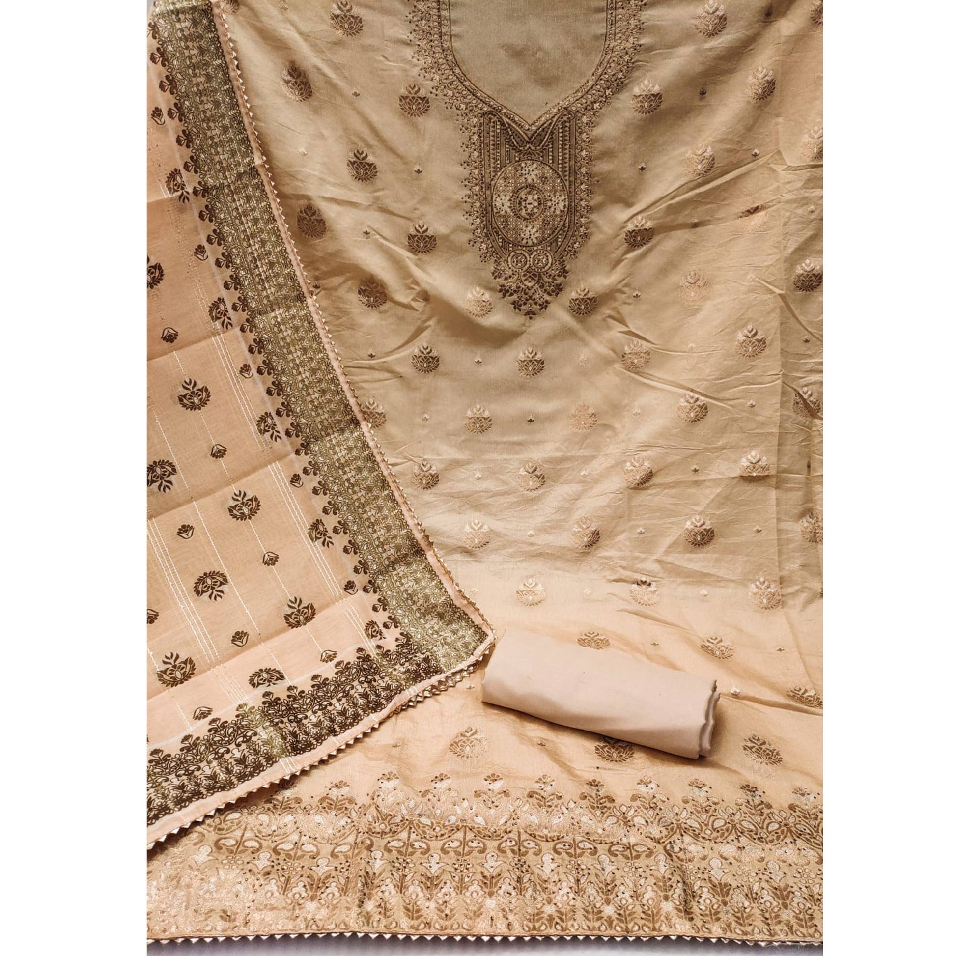 Chikoo Woven Banarasi Silk Dress Material