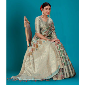 Blue Woven Organza Saree With Tassels