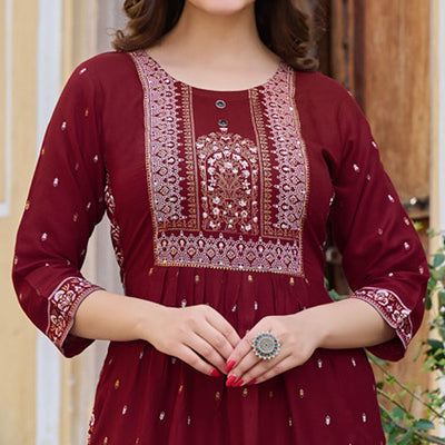 Maroon Printed Rayon Naira Cut Kurti