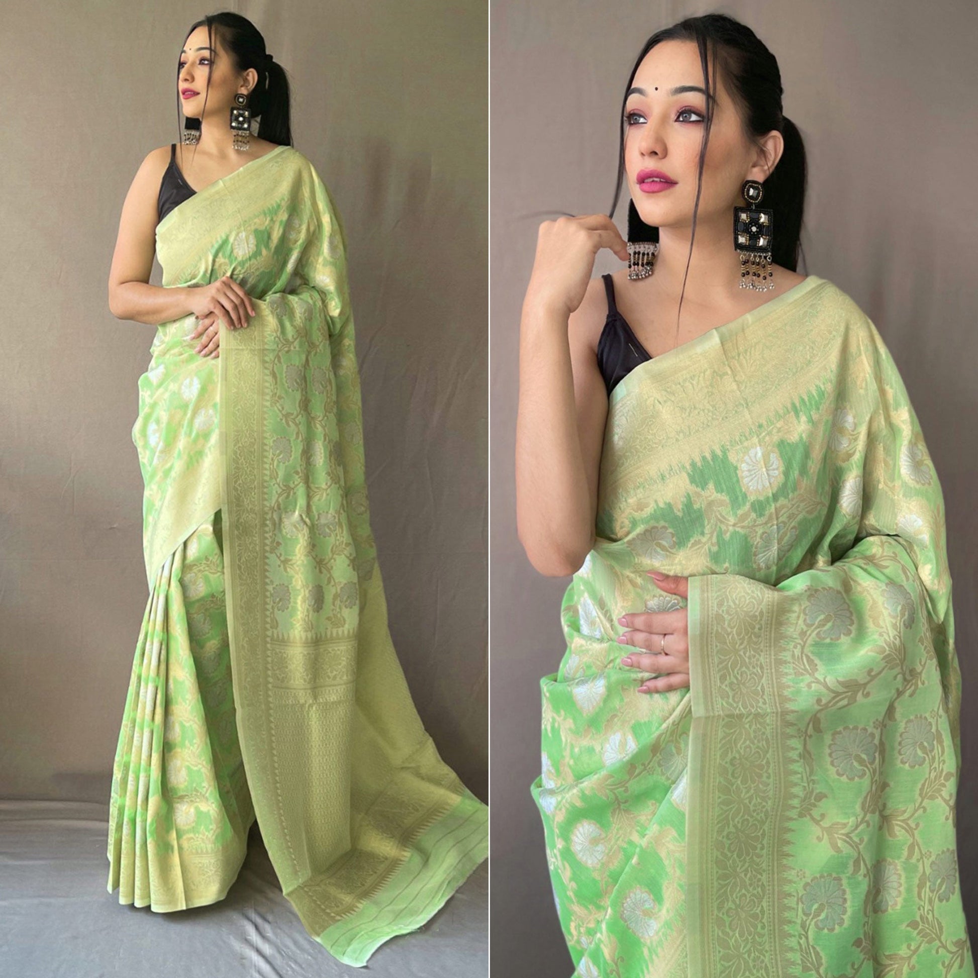 green-floral-woven-linen-saree