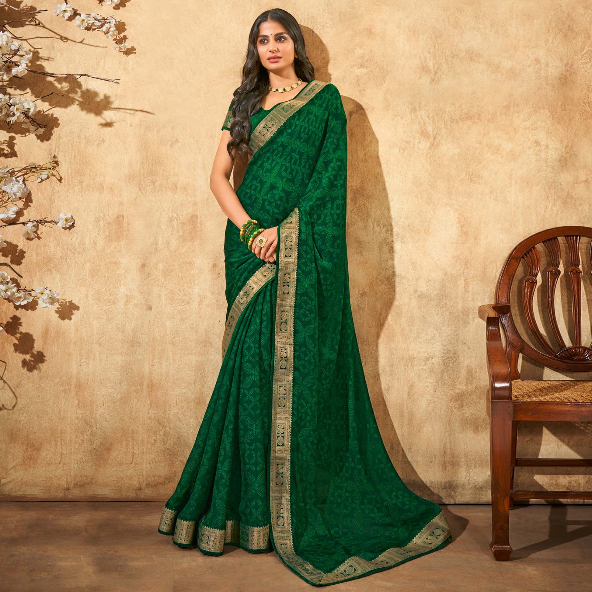 green-printed-chiffon-saree-with-brocade-lace