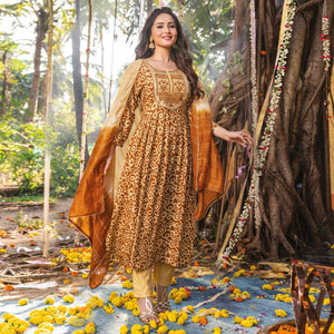 Brown Printed Rayon Naira Cut Suit