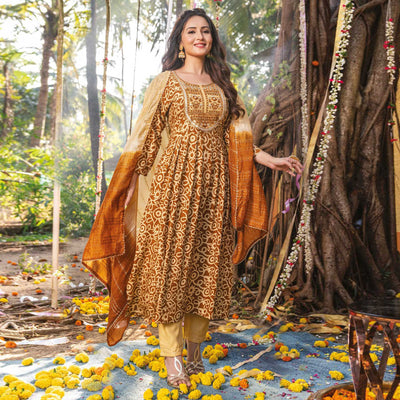 Brown Printed Rayon Naira Cut Suit