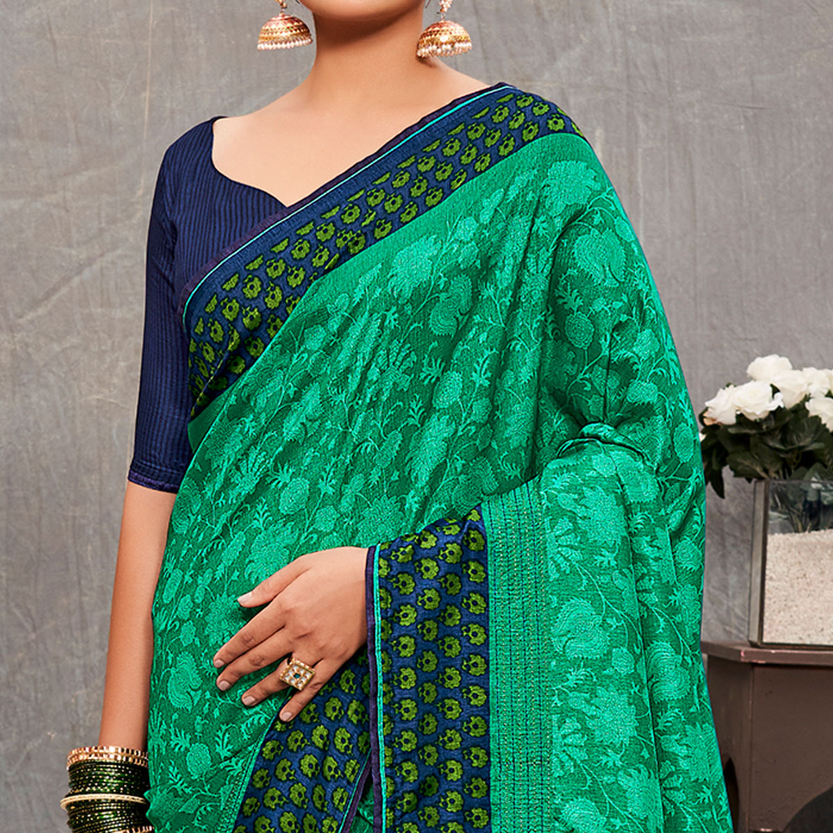 green-printed-with-embroidery-tussar-silk-saree