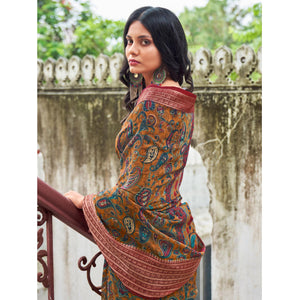 Brown Printed With Woven Border Raw Silk Saree
