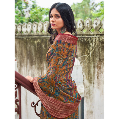 Brown Printed With Woven Border Raw Silk Saree
