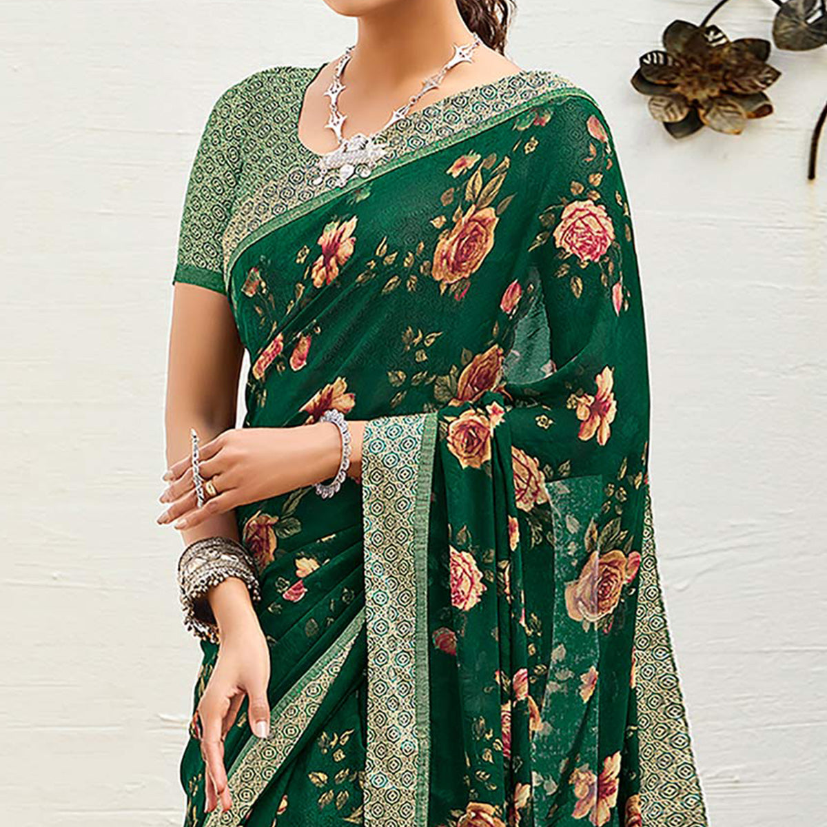 green-floral-printed-georgette-saree-5