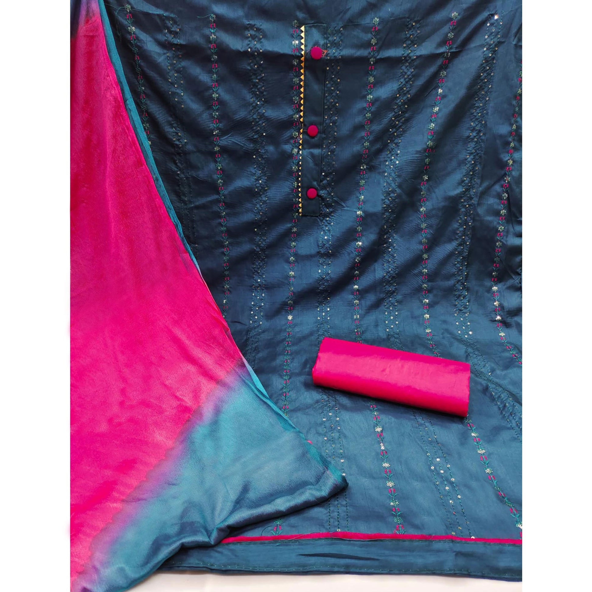 Morpich Sequins Embroidered Raw Silk Dress Material