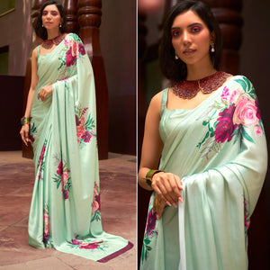 green-floral-digital-printed-satin-saree