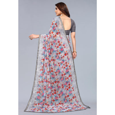 Grey Printed Georgette Saree With Crochet Border