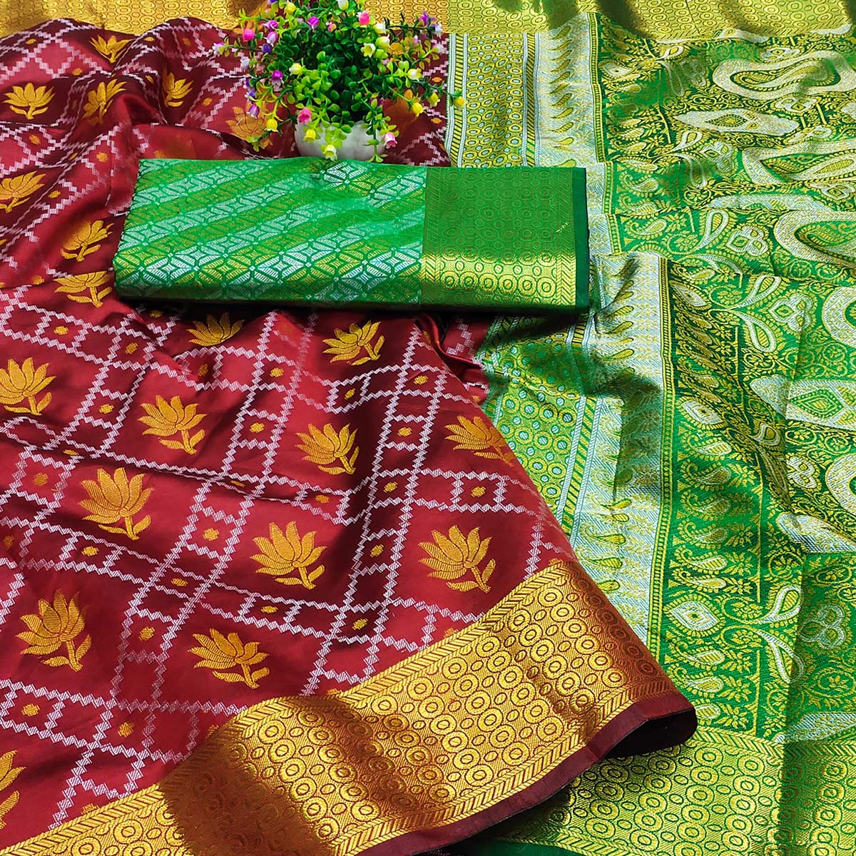 Maroon Floral Woven Banarasi Silk Saree