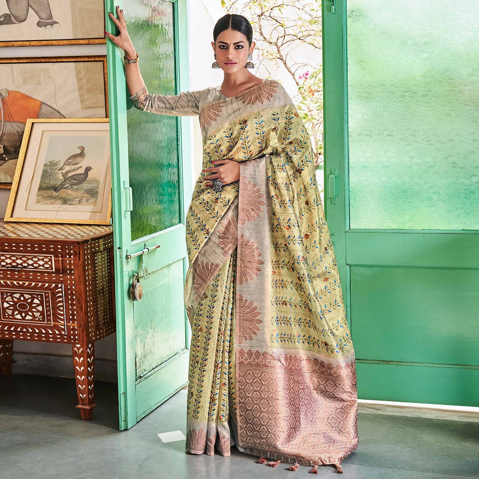 a-green-digital-printed-raw-silk-saree-with-tassels