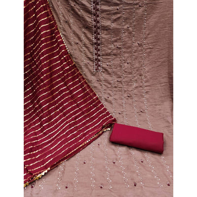 Brown Embroidered Sequins Cotton Blend Dress Material