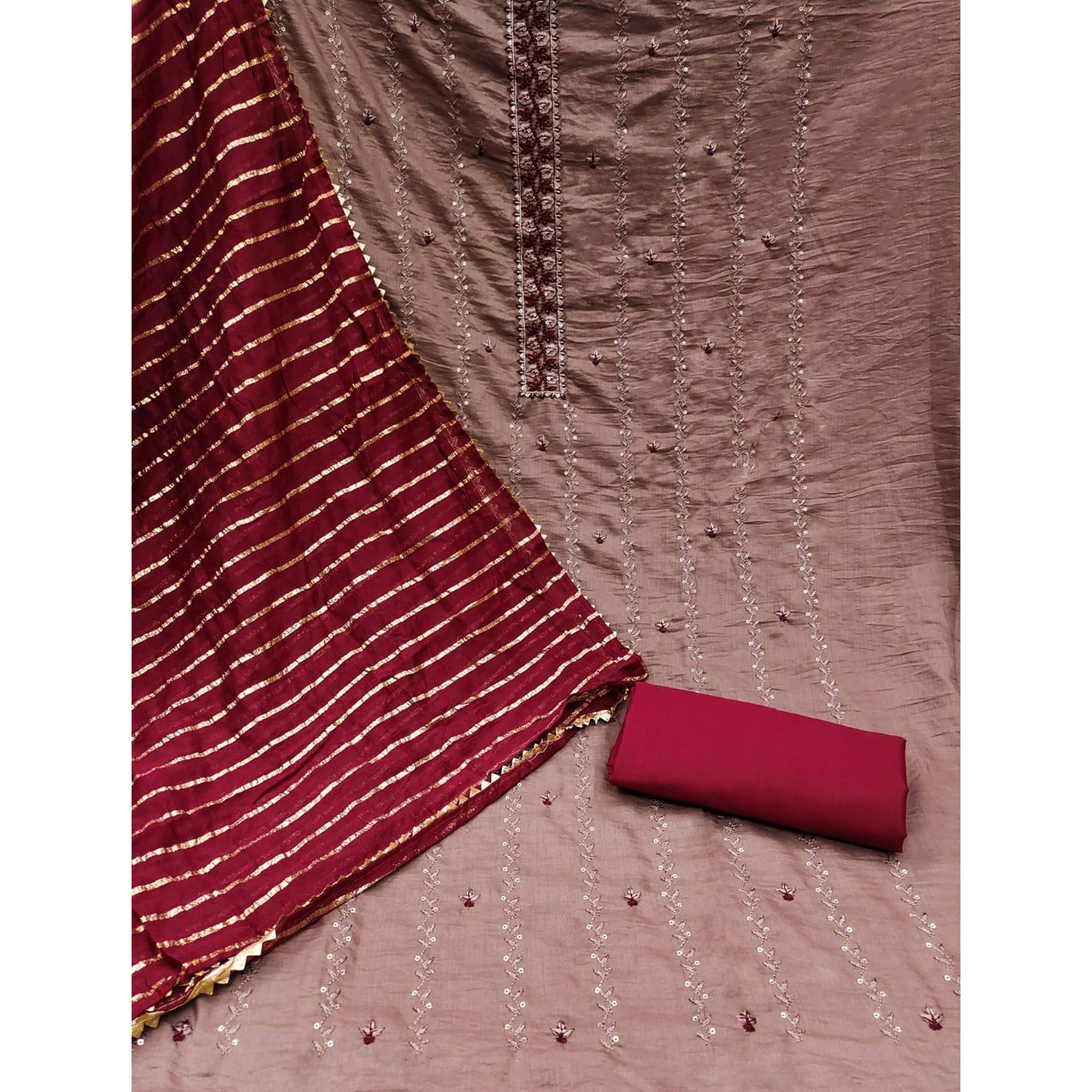 Brown Embroidered Sequins Cotton Blend Dress Material