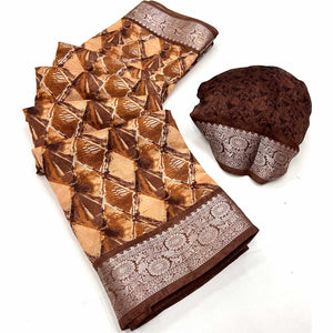 Brown Floral Printed With Woven Dola Silk Saree