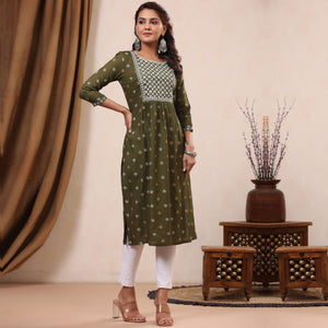 Mehendi Green Floral Printed With Embroidered Rayon Kurti