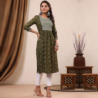 Mehendi Green Floral Printed With Embroidered Rayon Kurti