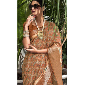 Brown Digital Printed Linen Saree