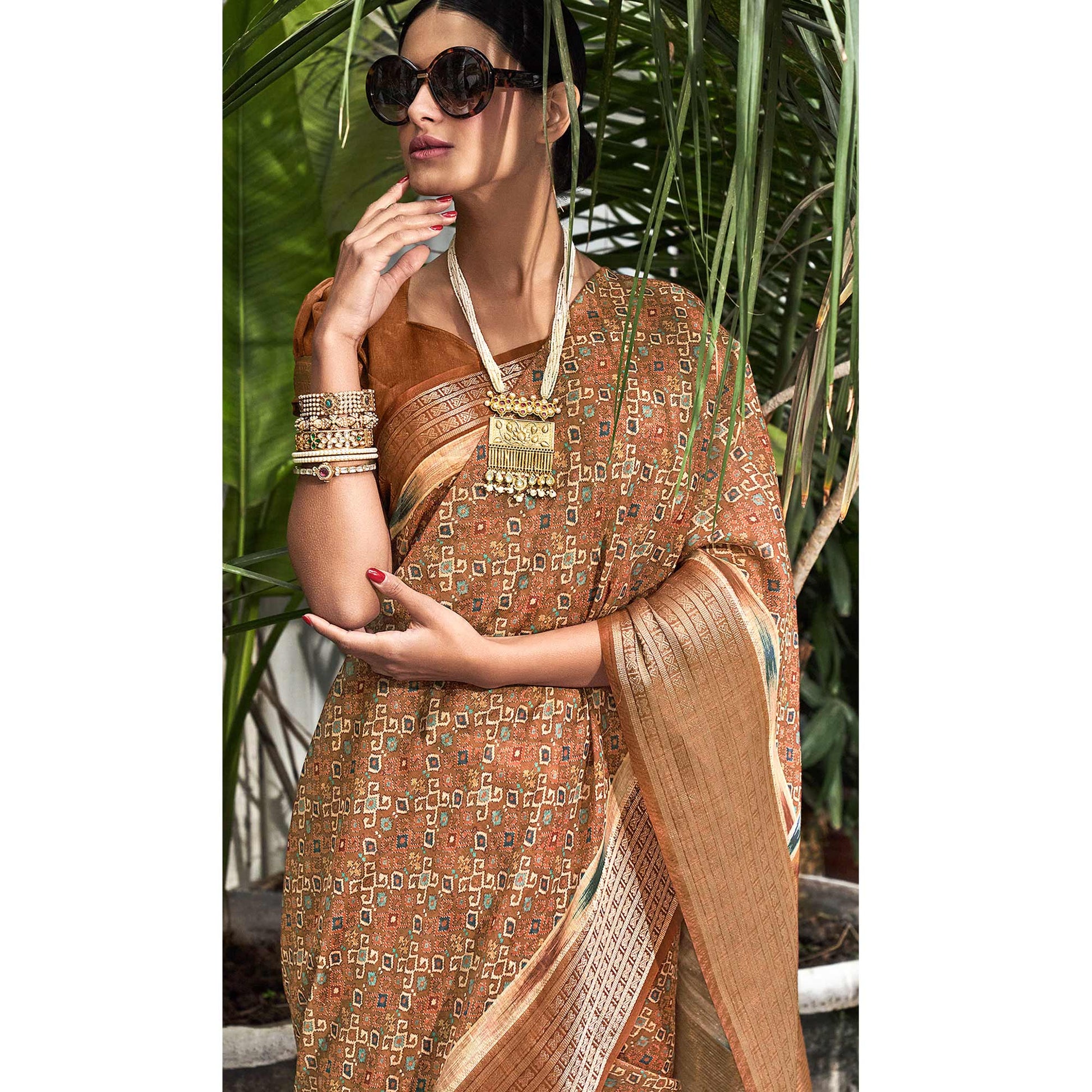 Brown Digital Printed Linen Saree