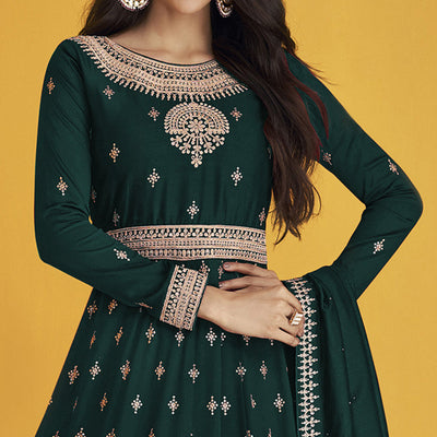 Dark Green Sequins Embroidered Georgette Semi Stitched Anarkali Suit