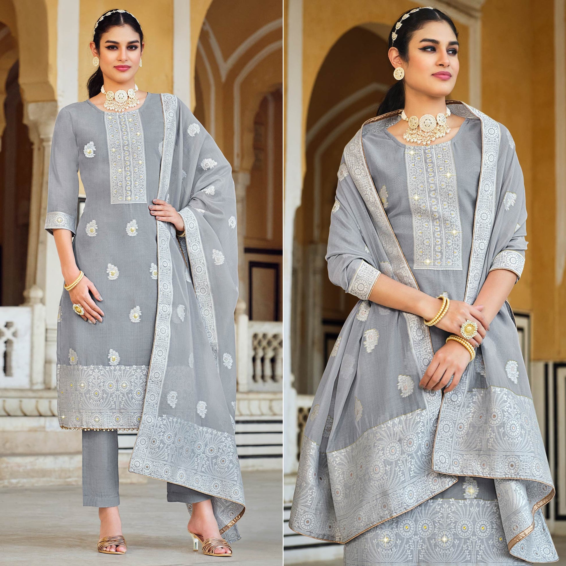 Grey Woven Pure Cotton Suit
