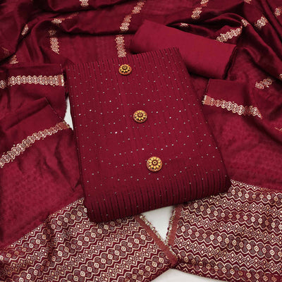 Maroon Sequins Embroidered Chanderi Dress Material