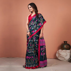 green-floral-printed-jute-saree-with-tassels